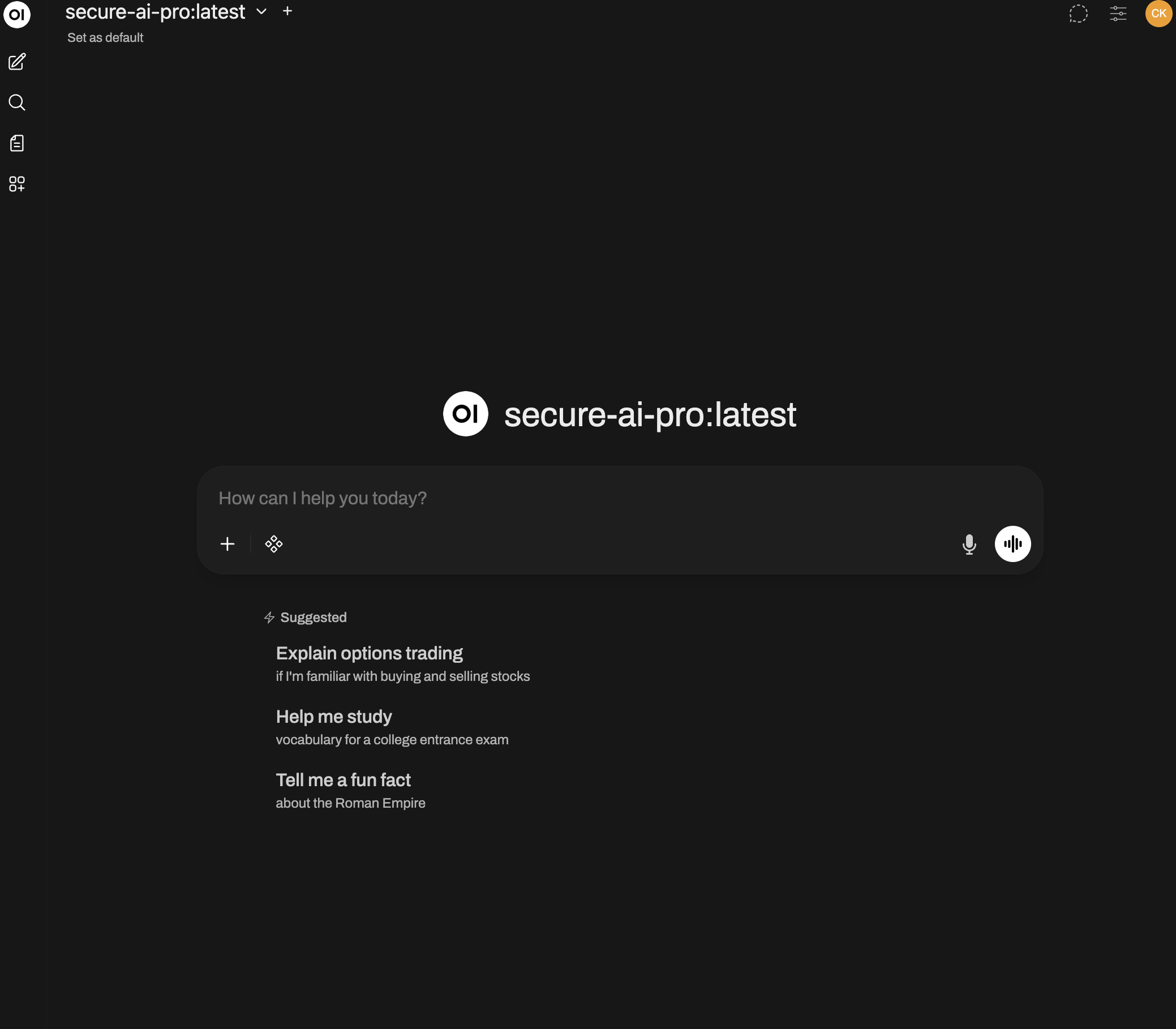 Secure AI Systems chat screen showing the user menu in the top right, the chat input area, and the left panel controls.